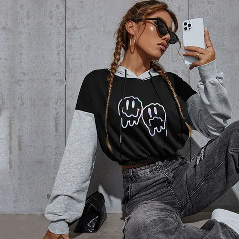 Dames Casual Cropped Hoodie Kleurblok Lange Mouw Melting Smile Face Grafische Pullover Sweatshirt Streetwear Mode Top