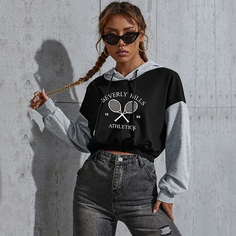Sudadera Con Capucha Corta Para Mujer Color Contrastado Estampado Letras Manga Larga Mezcla Algodón Top Streetwear