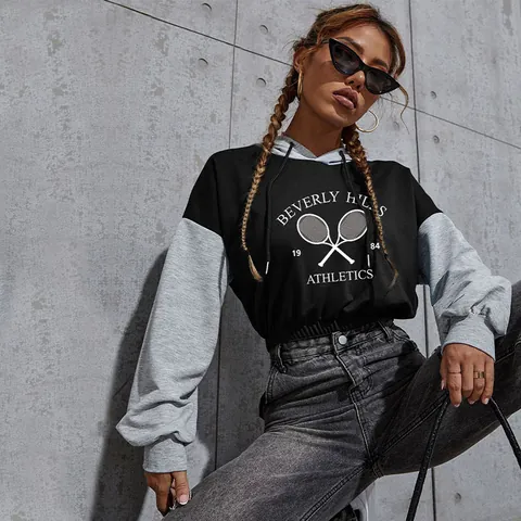 Sudadera Con Capucha Corta Para Mujer Color Contrastado Estampado Letras Manga Larga Mezcla Algodón Top Streetwear