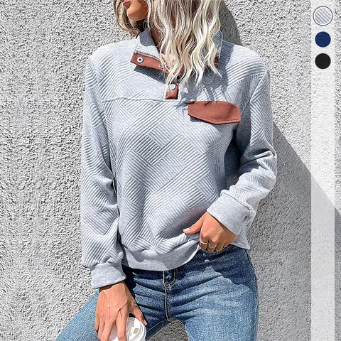 Felpa Trapuntata Retrò da Donna Colletto a Listino Patchwork Bottoni Manica Lunga Poliestere Elastan Casual Pullover Autunno Inverno