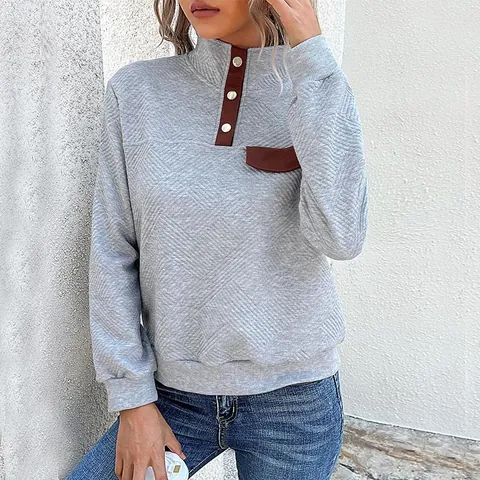 Felpa Trapuntata Retrò da Donna Colletto a Listino Patchwork Bottoni Manica Lunga Poliestere Elastan Casual Pullover Autunno Inverno