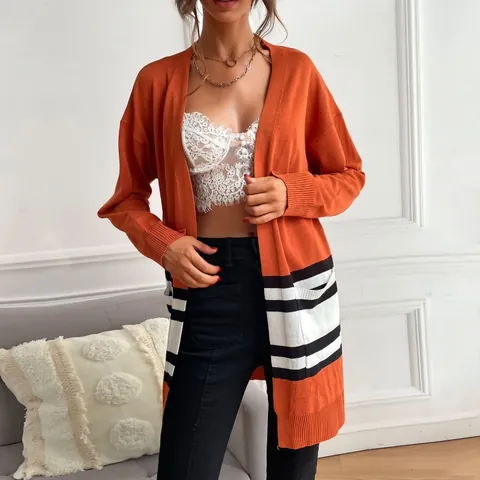Cardigan a Maglia a Righe da Donna Blocchi di Colore Manica Lunga Casual Media Lunghezza Aperto Davanti
