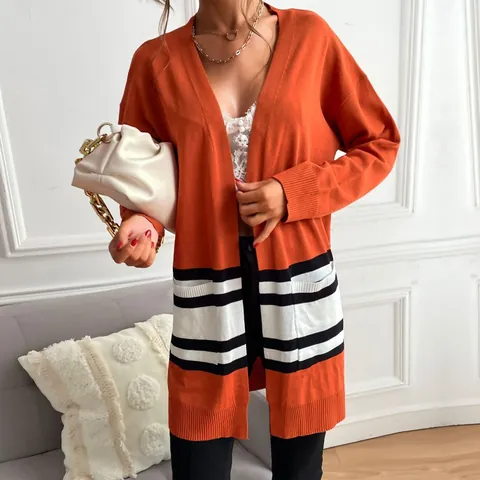 Cardigan a Maglia a Righe da Donna Blocchi di Colore Manica Lunga Casual Media Lunghezza Aperto Davanti