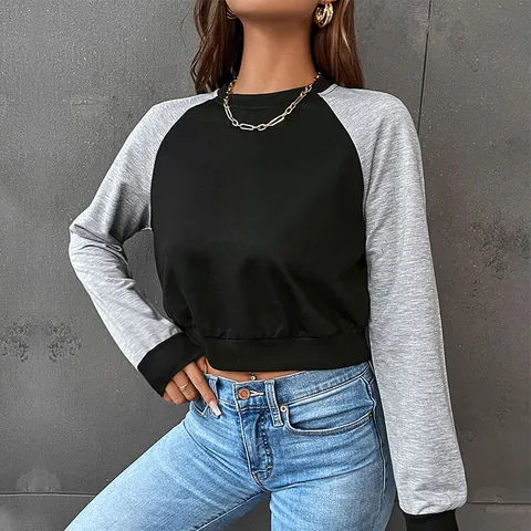 Women Casual Cropped Raglan Sweatshirt Long Sleeve Color Block Patchwork Pullover Round Neck Autumn Spring Sweatshirt Top