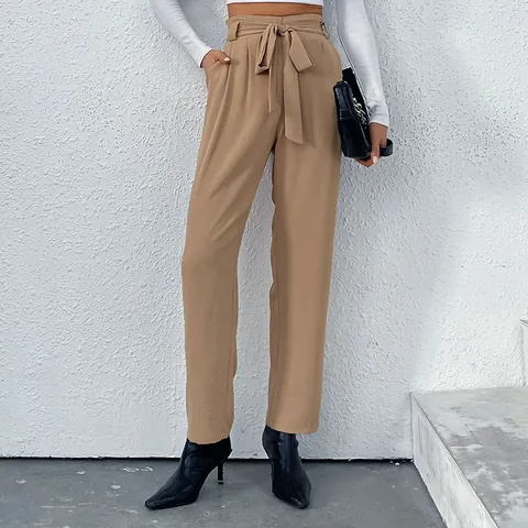 Women High Waist Paper Bag Pants Casual Straight Leg Trousers With Bow Tie Belt Solid Color Elegant Commuter Pants