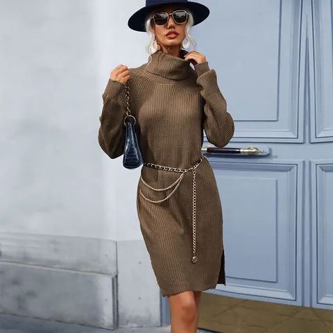 Vestido de Suéter de Punto Acanalado de Cuello Alto de Color Sólido Vintage para Mujer Manga Larga Abertura Lateral Casual Otoño Invierno Vestido Midi