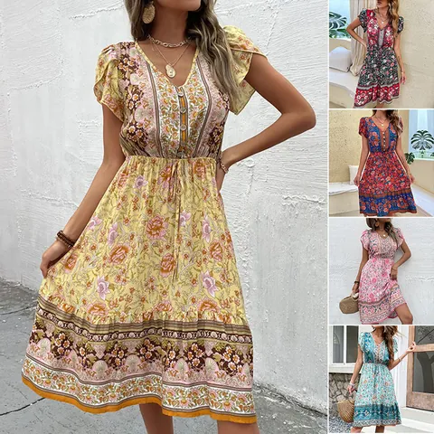 Dames Boheems Bloemenprint V-hals Midi Jurk Vlindermouw Verstelbaar Trekkoord Taille Zomer Strand Casual Jurk