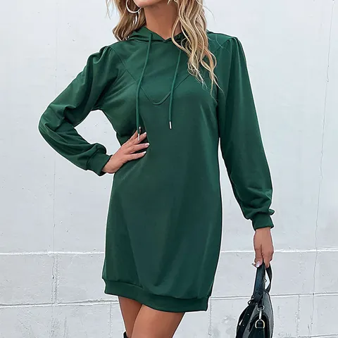 Women Casual Hooded Long Sleeve Sweatshirt Dress Loose Fit Pullover Hoodie Dress Solid Color Mini Dress With Drawstring