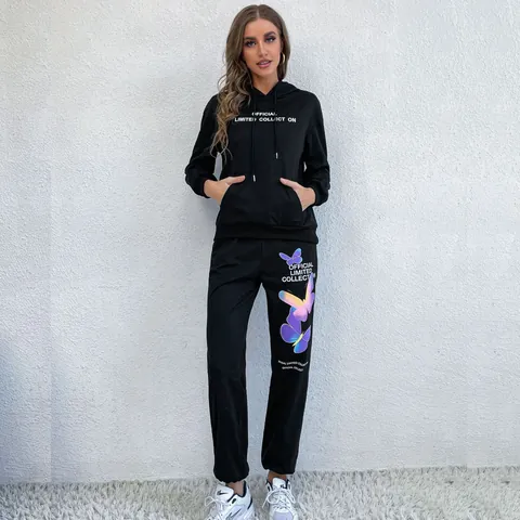 Conjunto de Dos Piezas para Mujer Sudadera con Capucha de Mezcla de Algodón y Pantalones Estampado de Mariposa Degradado Chándal