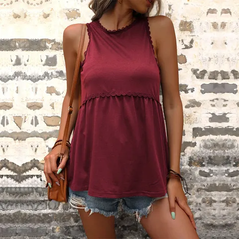 Top Babydoll Casual sin Mangas para Mujer Ribete de Encaje Patchwork Cuello Redondo Dobladillo Plisado Camiseta de Tirantes Verano Color Sólido Blusa Holgada
