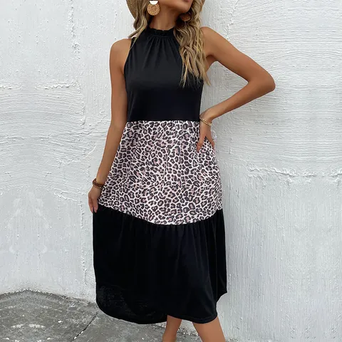 Damen Ärmelloses Halter-Kleid mit Leopardenmuster Patchwork Maxi-Kleid Fließendes Hohe Taille Sommer Urlaub Rüschen Kleid