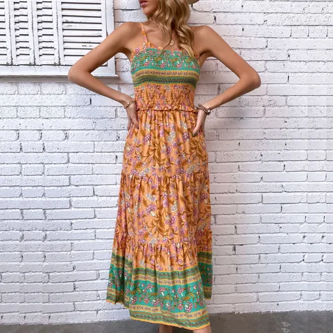 Abito Maxi da Donna Bohemien con Stampa Floreale Spalline Sottili Smock a Balze Volant Estate Spiaggia Vacanza Boho
