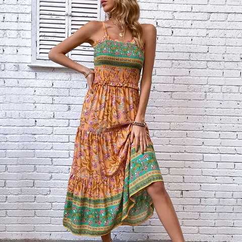Abito Maxi da Donna Bohemien con Stampa Floreale Spalline Sottili Smock a Balze Volant Estate Spiaggia Vacanza Boho