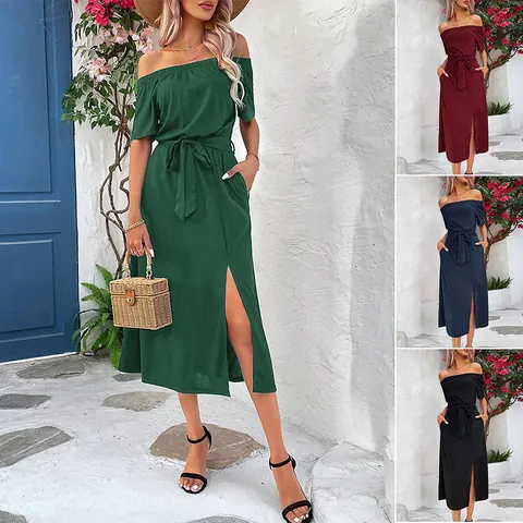 Abito Midi da Donna a Spalle Scoperte Manica Corta Con Cintura Spacco Alto Elegante Tinta Unita Estate Casual Vacanza