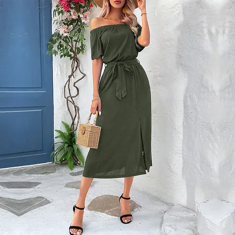 Abito Midi da Donna a Spalle Scoperte Manica Corta Con Cintura Spacco Alto Elegante Tinta Unita Estate Casual Vacanza