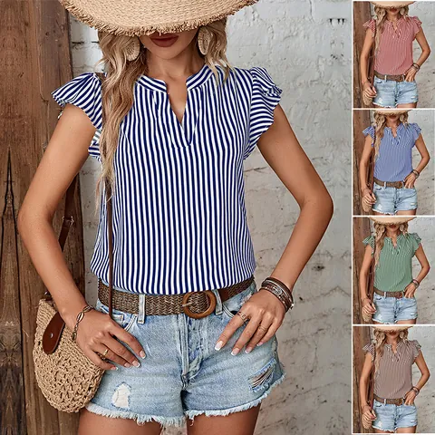 Damen Sommer Gestreifte Bluse Rüschen Fliegende Ärmel Stehkragen V-Ausschnitt Lässig Elegant Büro Polyester Hemd Mode Tops
