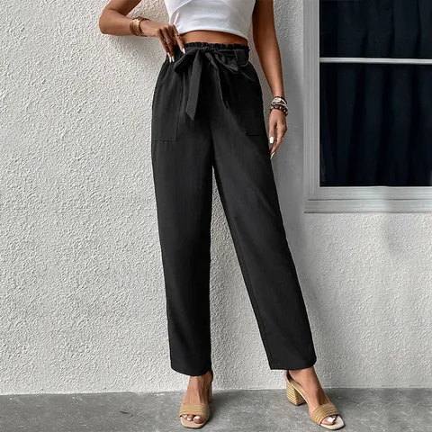 Pantaloni Paperbag a Vita Alta da Donna Con Fiocco da Annodare Pantaloni Estivi Casual a Gamba Dritta Con Tasche Laterali