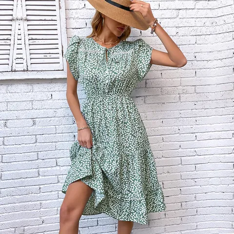 Damen Sommer Blumenkleid Polyester Volant Ärmel V Ausschnitt Elastische Taille Gestuftes Midi Kleid Strand Sonnenkleid
