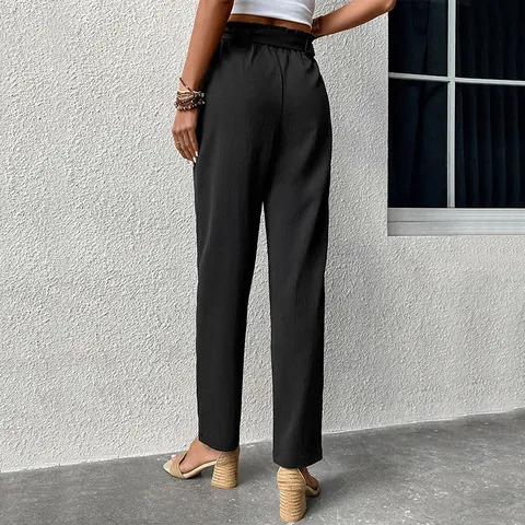 Pantaloni Paperbag a Vita Alta da Donna Con Fiocco da Annodare Pantaloni Estivi Casual a Gamba Dritta Con Tasche Laterali