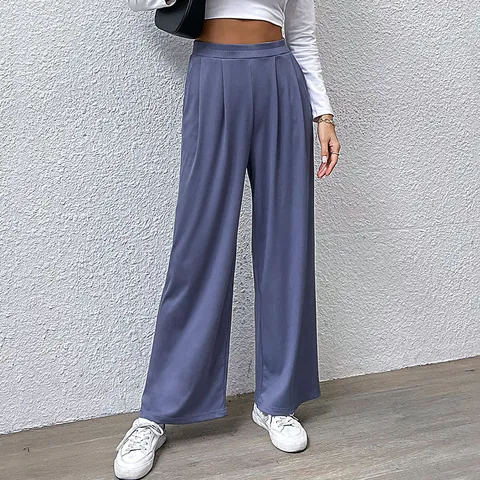 Damen Casual Hohe Taille Weite Hose Plissee Gerippte Textur Lange Hose Locker Flowy Commuter Hose Für Den Alltag