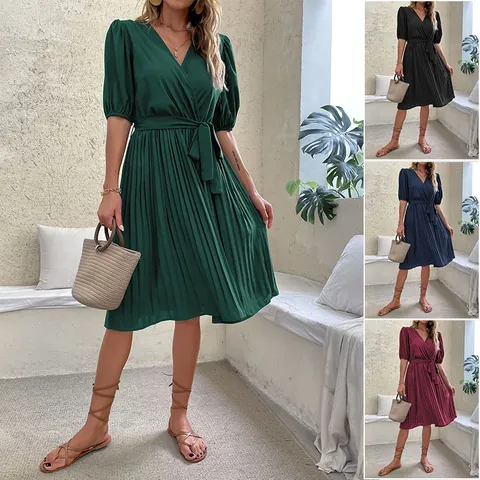 Vestito Midi a Pieghe con Scollo a V Donna Manica a Sbuffo Corta Vita con Cintura Tinta Unita Elegante Estivo Festa Donna