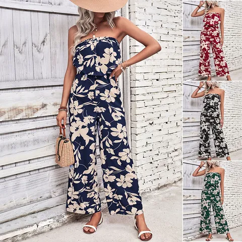 Dames Strapless Jumpsuit Met Bloemenprint Wijde Pijpen Off Shoulder Bohemian Vakantie Stijl Polyester Mouwloos Zomer Eendelig