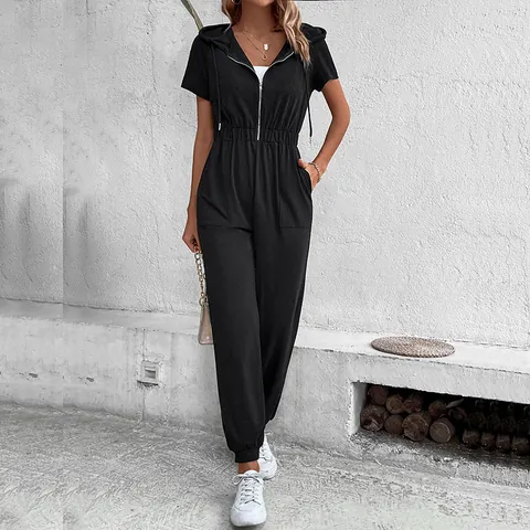Mono Casual con Capucha para Mujer Manga Corta Cremallera Frontal Cintura Elástica Romper Cargo Color Sólido Pantalones Largos
