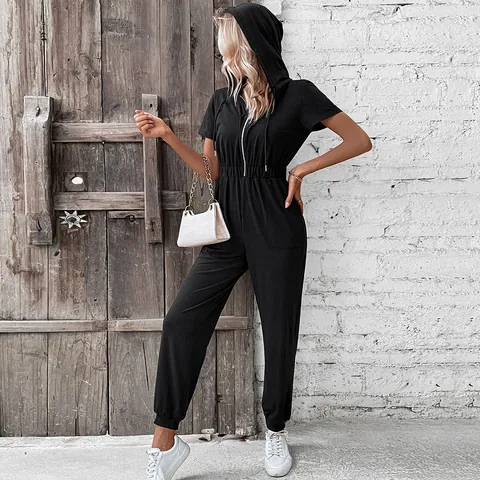 Mono Casual con Capucha para Mujer Manga Corta Cremallera Frontal Cintura Elástica Romper Cargo Color Sólido Pantalones Largos