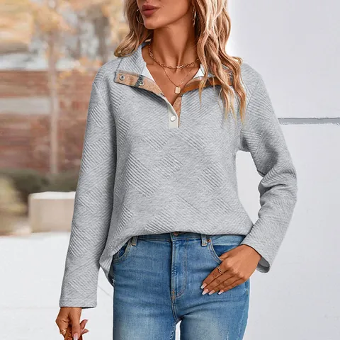 Sudadera Acolchada Casual para Mujer Patchwork de Cuadros Manga Larga Cuello Henley Pullover Poliéster Elastano Top Holgado