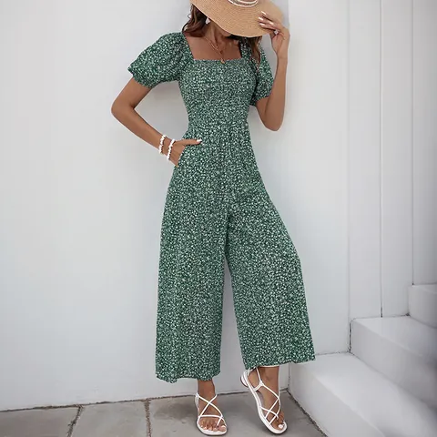 Women Elegant Floral Print Jumpsuit Square Neck Puff Sleeve Smocked Bodice High Waist Wide Leg Long Jumpsuit Summer Outfit