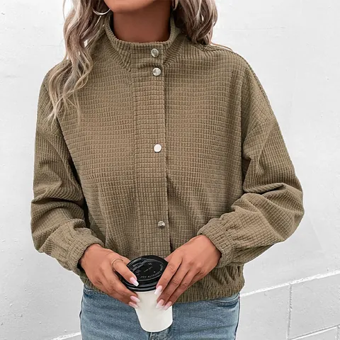 Women Waffle Knit Stand Collar Jacket Casual Cropped Zip Up Outwear Fall Winter Solid Color Long Sleeve Jacket Coat