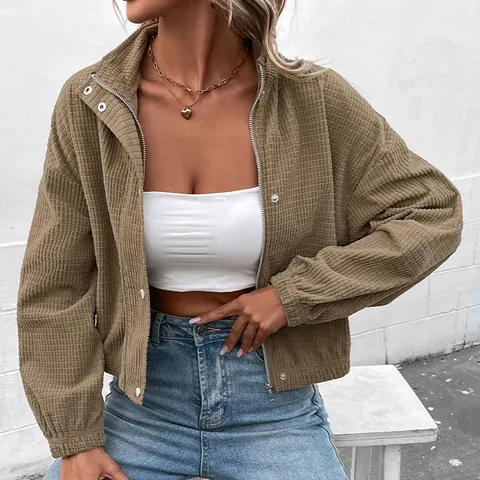 Women Waffle Knit Stand Collar Jacket Casual Cropped Zip Up Outwear Fall Winter Solid Color Long Sleeve Jacket Coat
