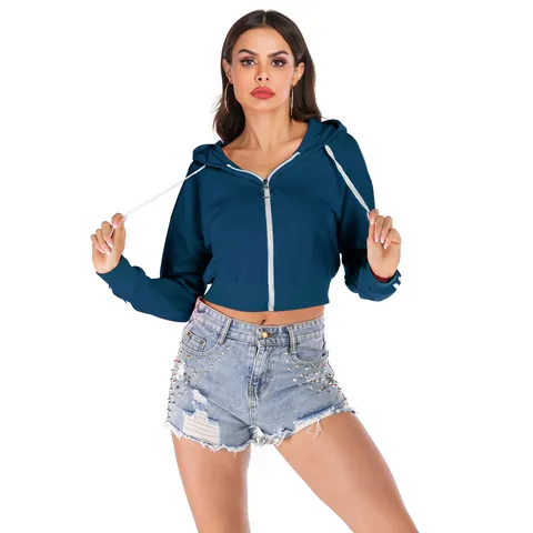 Women's Casual Cropped Hooded Sweatshirt Zipper Jacket Long Sleeve Stripes Sporty Cotton Blend Top