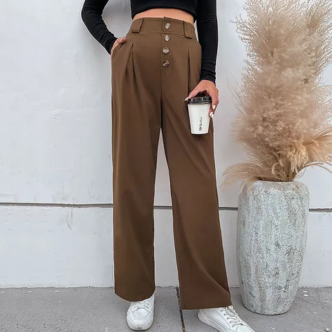 Pantaloni da Donna a Vita Alta a Gamba Larga con Bottoni Frontali e Pieghe Pantaloni Dritti Casual Autunno Inverno Tinta Unita