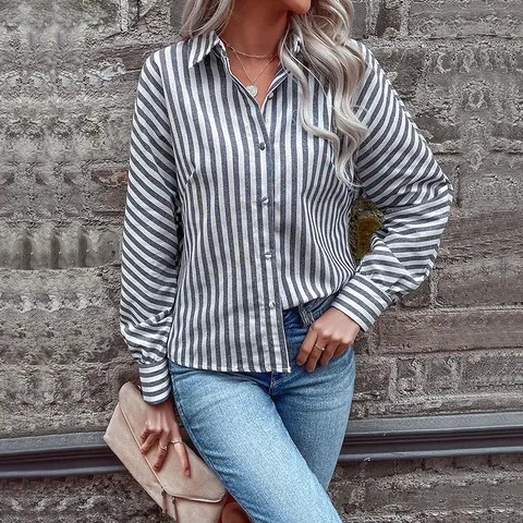 Women's Striped Long Sleeve Lapel Shirt Casual Loose Single Breasted Grey White Stripe Blouse Office Commute Top With Waist Tie