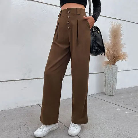 Pantaloni da Donna a Vita Alta a Gamba Larga con Bottoni Frontali e Pieghe Pantaloni Dritti Casual Autunno Inverno Tinta Unita