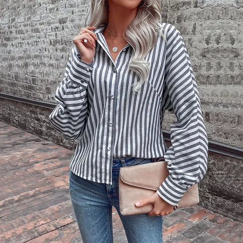 Women's Striped Long Sleeve Lapel Shirt Casual Loose Single Breasted Grey White Stripe Blouse Office Commute Top With Waist Tie