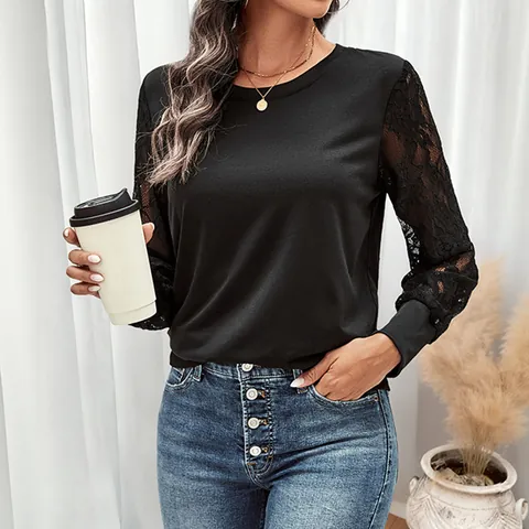 Sweat-shirt Élégant Décontracté pour Femmes Noir Assemblage en Dentelle Manches Longues Pullover Col Rond Automne Top en Polyester
