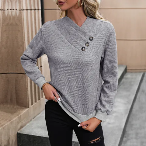 Sudadera Casual de Manga Larga para Mujer Cuello Cruzado Asimétrico Detalle de Botones Top Pullover Acolchado con Textura Moda de Otoño Invierno