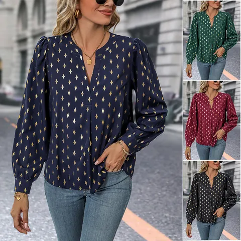Chemisier Femme Col en V Manches Longues Élégant Motif Diamant Feuille d'Or Automne Décontracté Bureau Pull Top