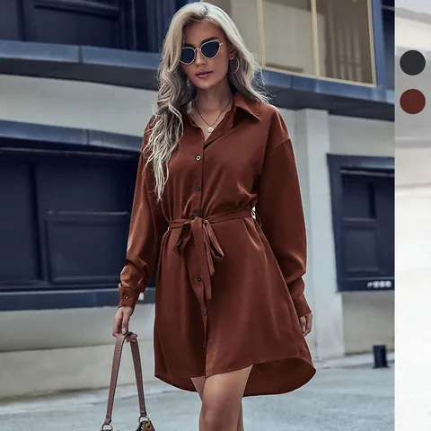 Women's French Elegant Lapel Long Sleeve Shirt Dress With Belt Solid Color Polyester Irregular Hem Casual Fashion Dress
