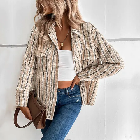 Giacca in Tweed a Quadri Casual da Donna Manica Lunga Larga Shacket Con Bottoni di Künstliche Perle Revers Monopetto Autunno Inverno Capispalla