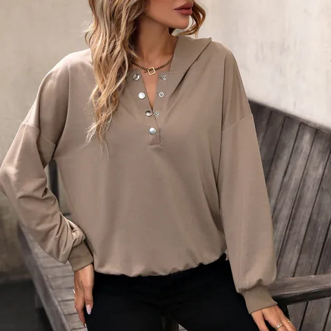 Women's Casual Solid Color Hooded Sweatshirt V-Neck Button Front Long Sleeve Loose Knit Pullover Hoodie Top