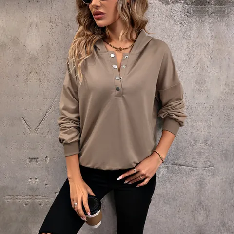 Women's Casual Solid Color Hooded Sweatshirt V-Neck Button Front Long Sleeve Loose Knit Pullover Hoodie Top