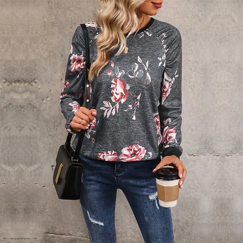 Women's Casual Floral Print Round Neck Long Sleeve Sweatshirt Retro Dark Gray Polyester Blend Ribbed Cuffs Pullover Top