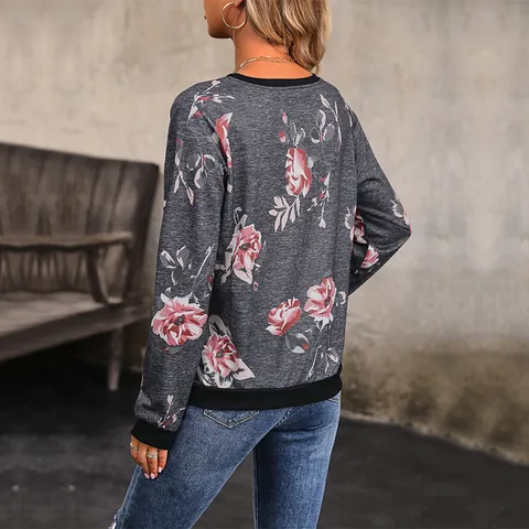 Women's Casual Floral Print Round Neck Long Sleeve Sweatshirt Retro Dark Gray Polyester Blend Ribbed Cuffs Pullover Top