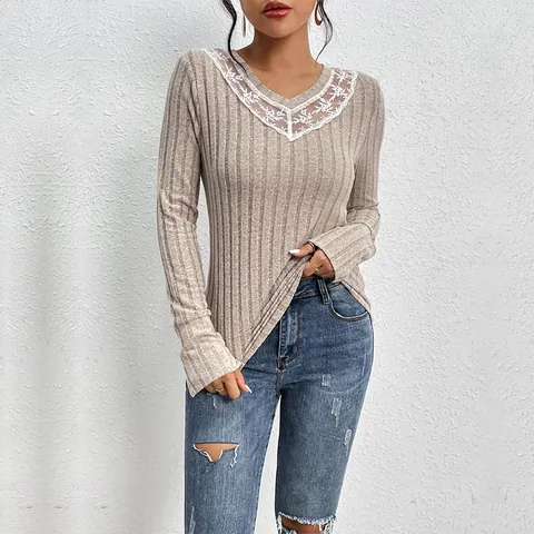Dames Elegante V-hals Kant Patchwork Geribbelde Gebreide Top Lange Mouw Slanke Pasvorm Pullover Khaki Getextureerd Shirt Met Knopen