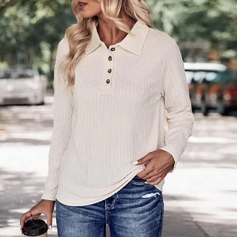 Damen Casual Rippstrick Langarm Polo Shirt Geknöpft Reverskragen Pullover Top Einfarbig Basic Mode Herbst Kleidung