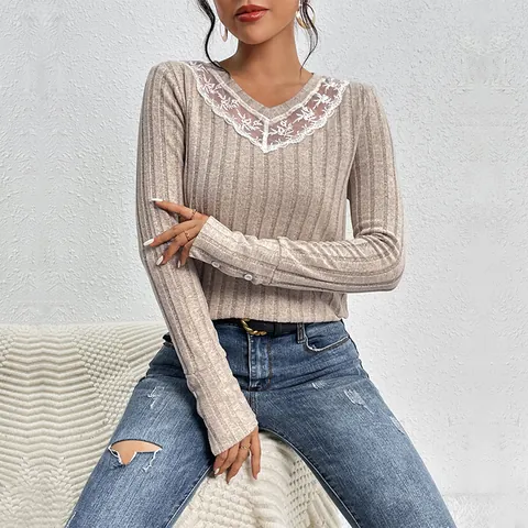 Dames Elegante V-hals Kant Patchwork Geribbelde Gebreide Top Lange Mouw Slanke Pasvorm Pullover Khaki Getextureerd Shirt Met Knopen