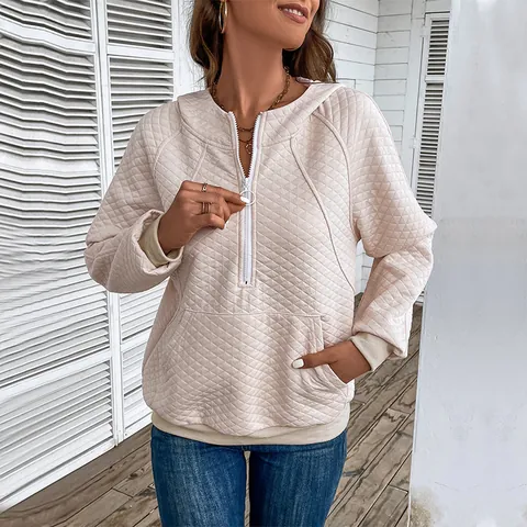 Women Casual Quilted Half Zip Hoodie Loose Long Sleeve Hooded Sweatshirt With Kangaroo Pocket Solid Color Pullover Top